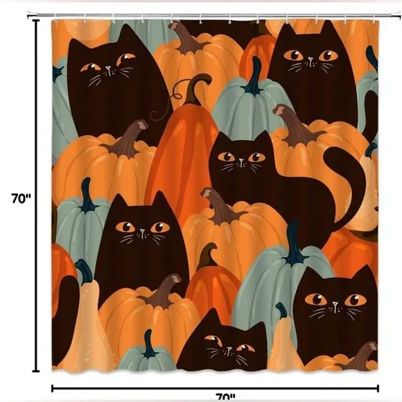 Fall Rustic Charm Black Cat Pumpkin Halloween Polyester Shower Curtain w/Hooks - Picture 3 of 3